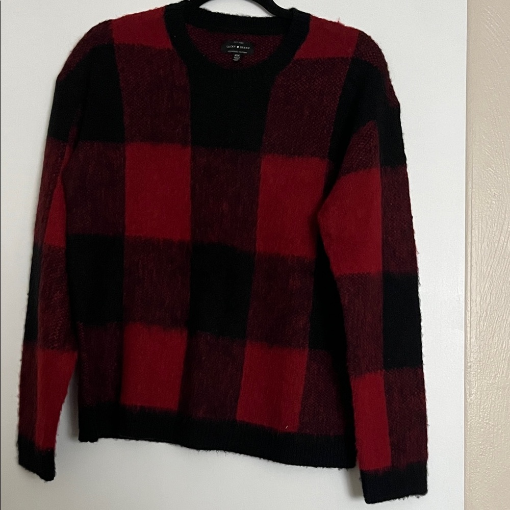 Lucky Brand Red and Black Checkered Crewneck Sweater